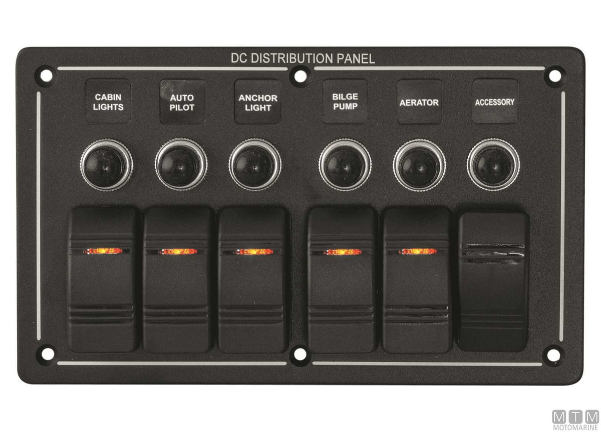 Black aluminium panel with 6-position rocker switches - original photo Motomarine Srl