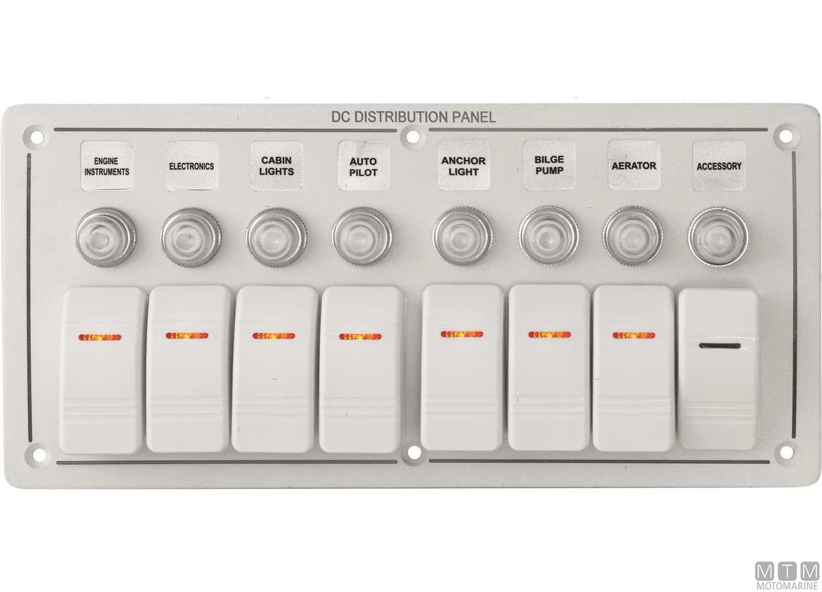 White aluminium panel with rocker switches, 8 positions - original photo Motomarine Srl
