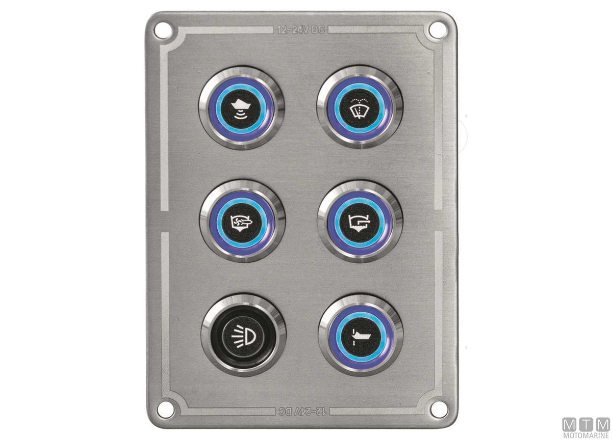 Stainless steel panel with stainless steel push-button switches, 6 positions, 80x110 mm - original photo Motomarine Srl