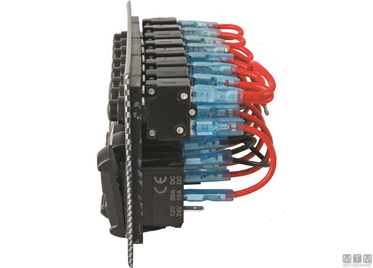 Carbon-effect panel with 7-position rocker switches + USB/voltmeter - original photo Motomarine Srl