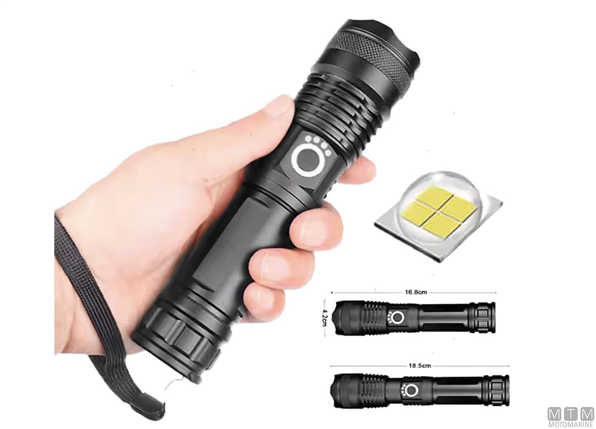 Zoom focus aluminum LED torch, black, L 17 cm - original photo Motomarine Srl