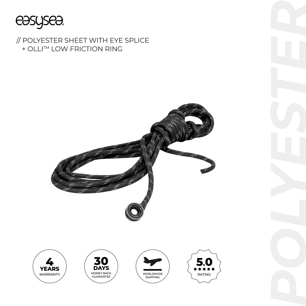 Polyester-Schot mit Augspleiß + Olli™ – Anti-Shock Low Friction Ring Aluminium M, bereits in den Augspleiß integriert