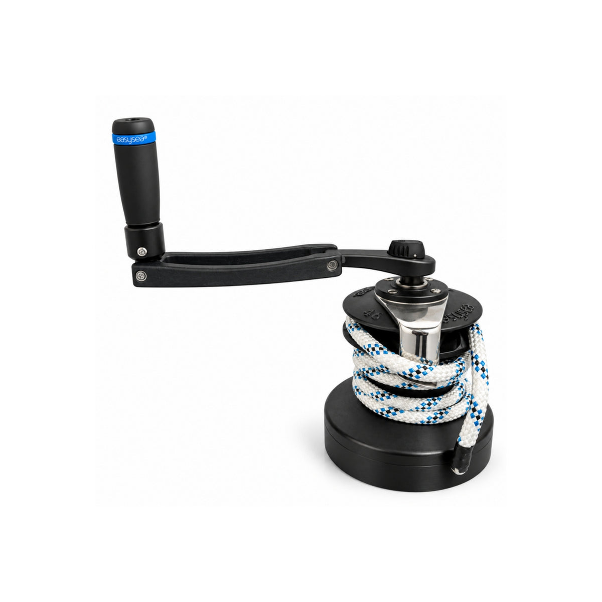 Flipper Max winch handle in open position on a winch, grip upright with the long lever ready to crank