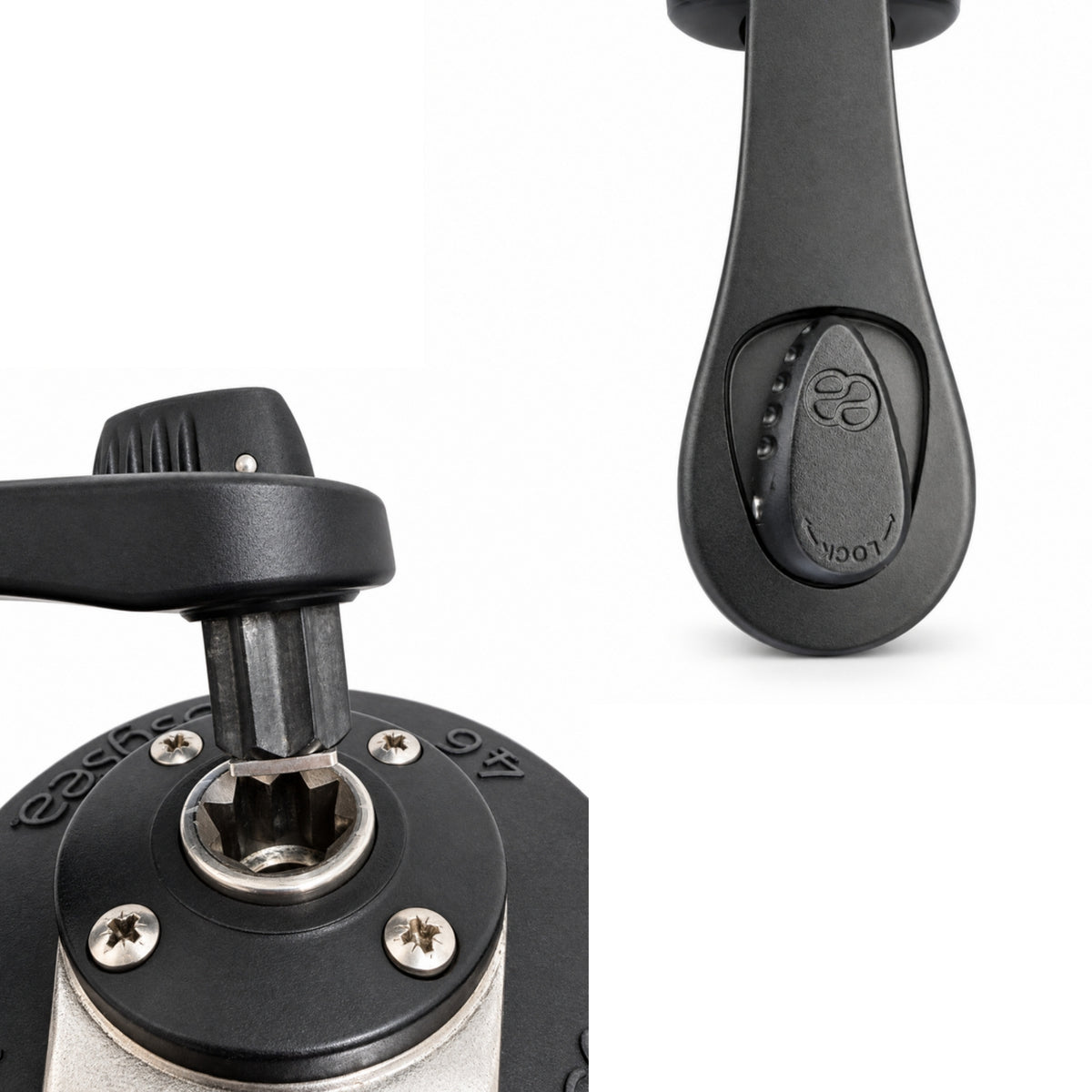 Macro details of the Flipper Max winch handle: standard star pin above the winch socket and the lock lever on the grip
