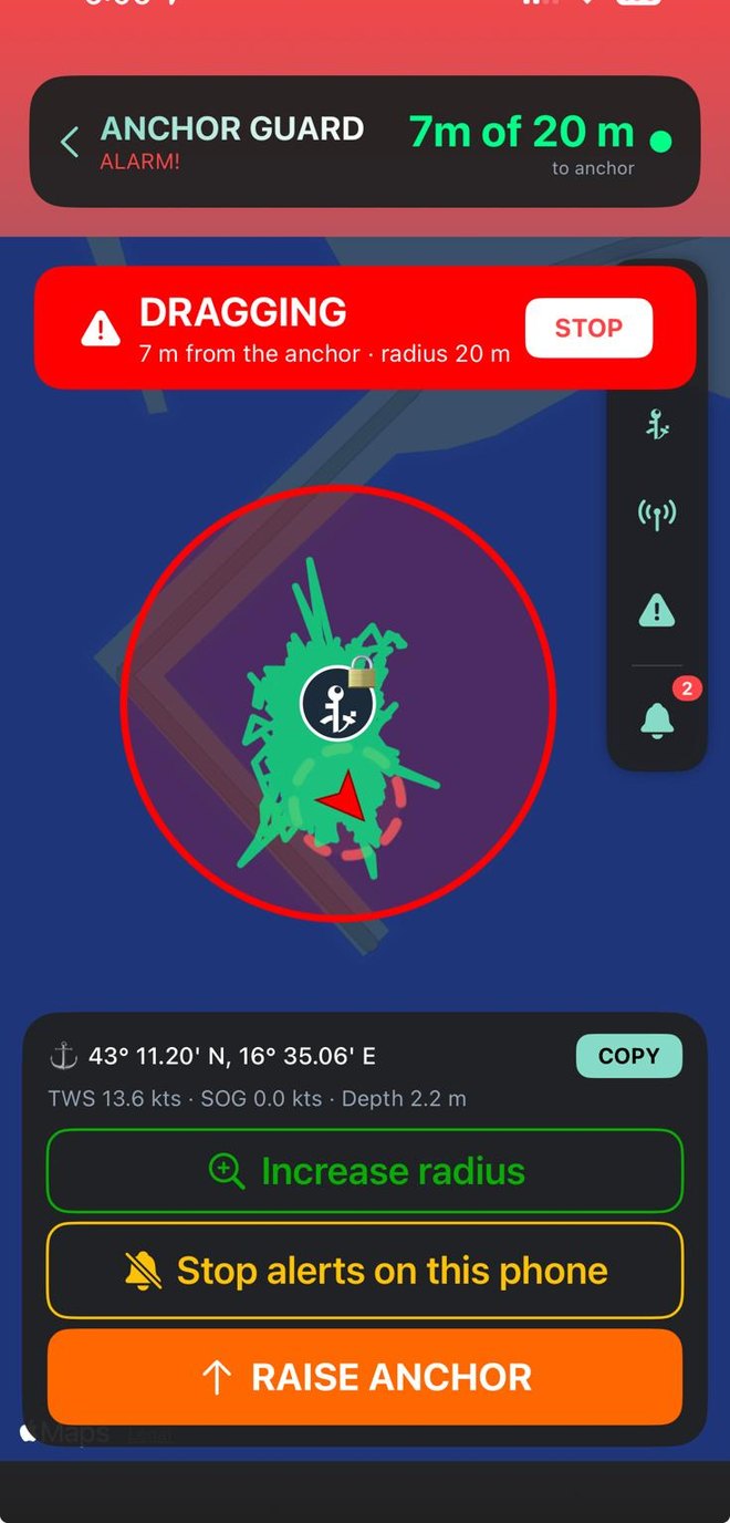 Alarm: het anker krabt, 7 m van het ankerpunt bij een straal van 20 m